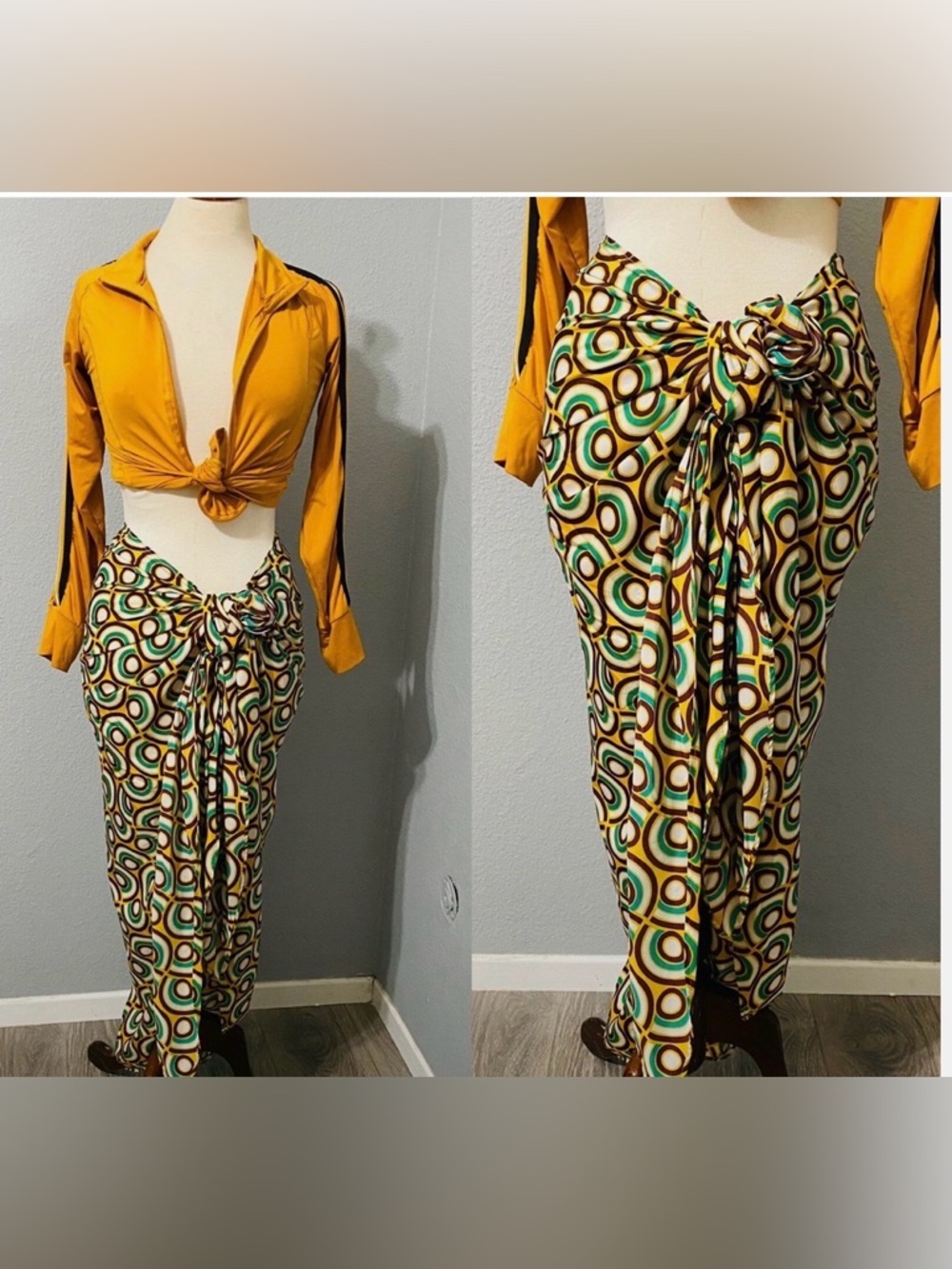 Zara -Sarong Skirt or kimono.Green, Brown and Cream Geo Print.